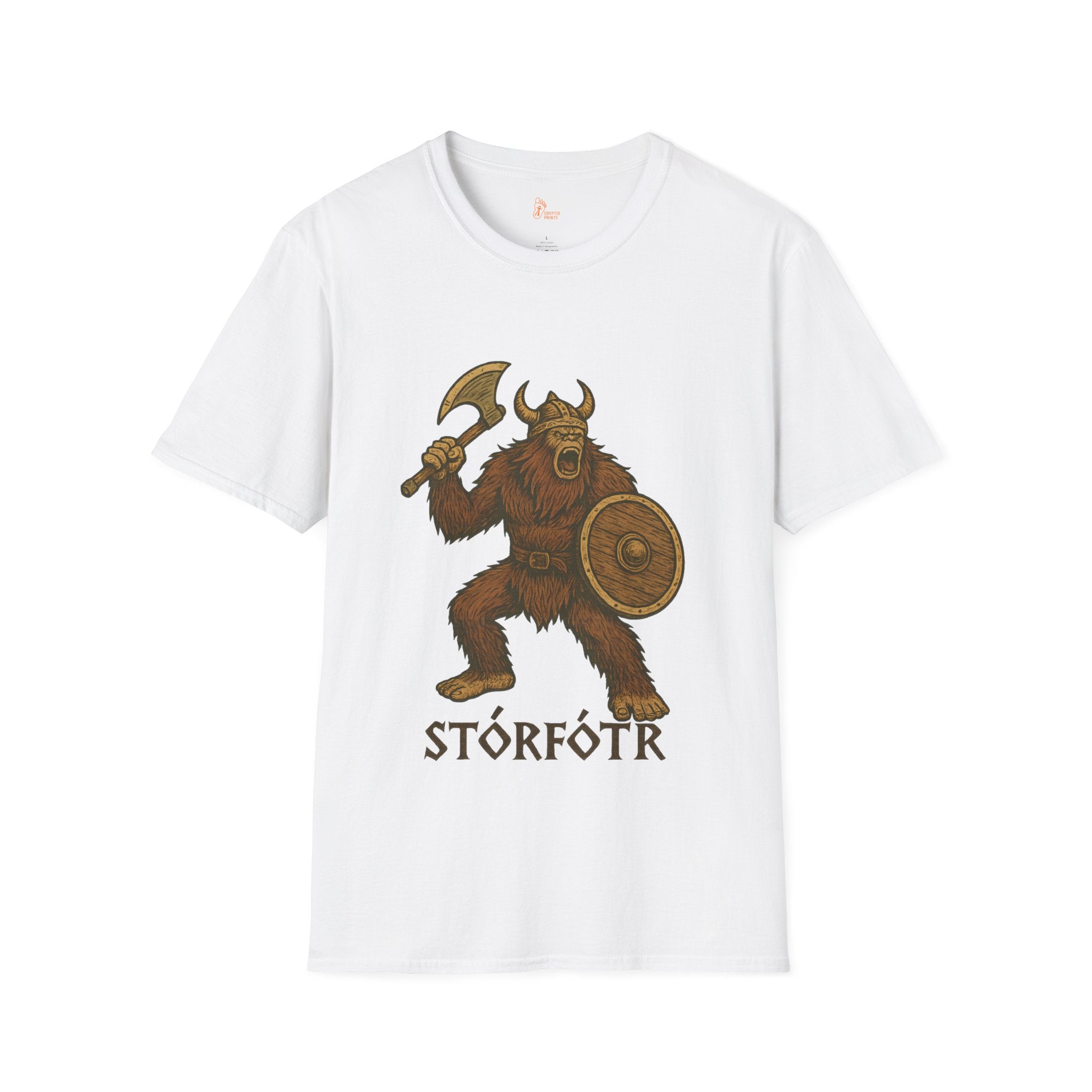 Viking Bigfoot T-Shirt - “STÓRFÓTR” Norse Warrior Cryptid Design