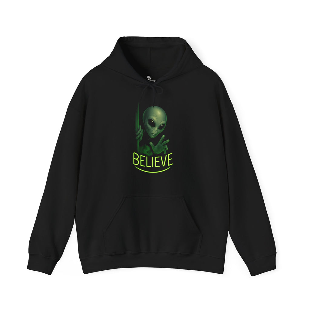 Alien "BELIEVE" Hoodie - Neon Green Extraterrestrial Design
