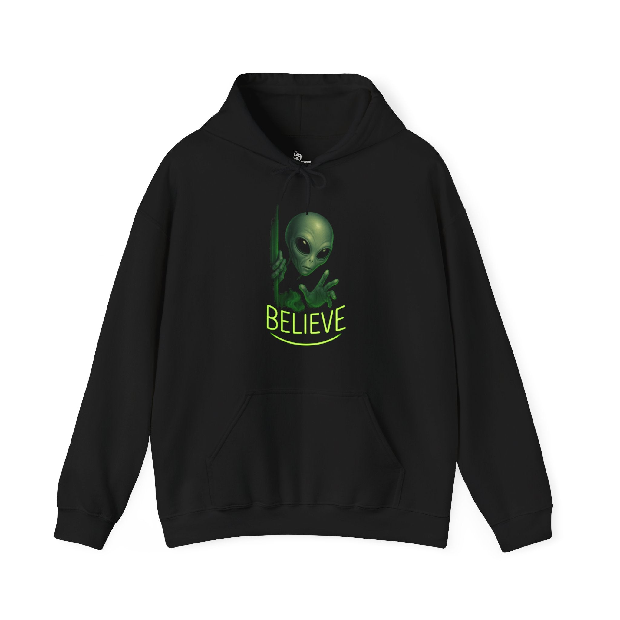Alien "BELIEVE" Hoodie - Neon Green Extraterrestrial Design