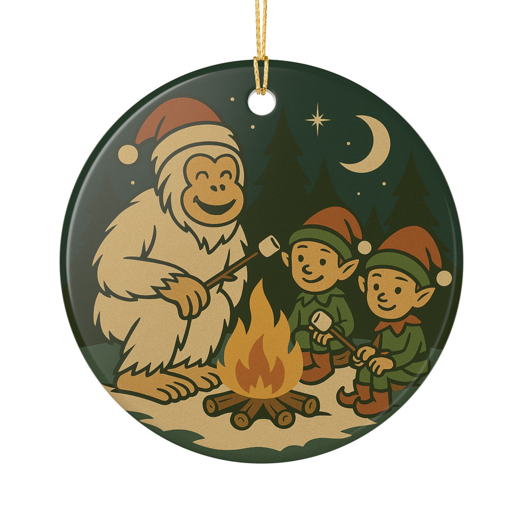 Yeti & Elves Campfire Ornament - Ceramic Holiday Decoration (1pc)