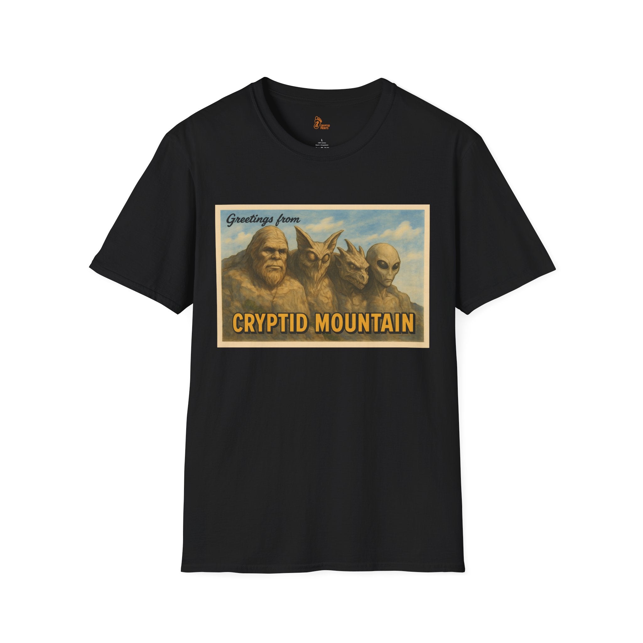 Greetings from Cryptid Mountain T-Shirt - Vintage Postcard Design
