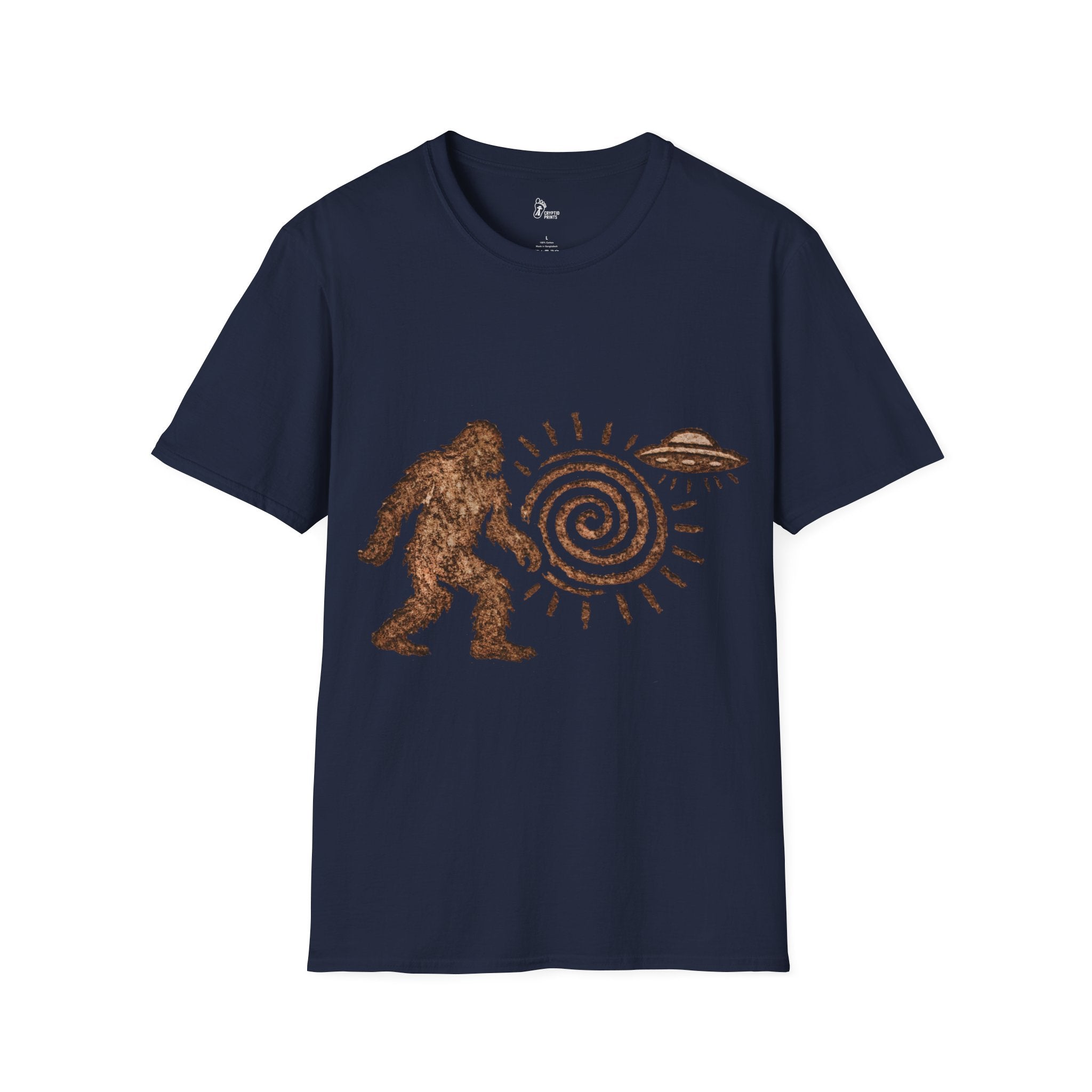 Bigfoot Petroglyph T-Shirt - Ancient Spiral UFO Symbol