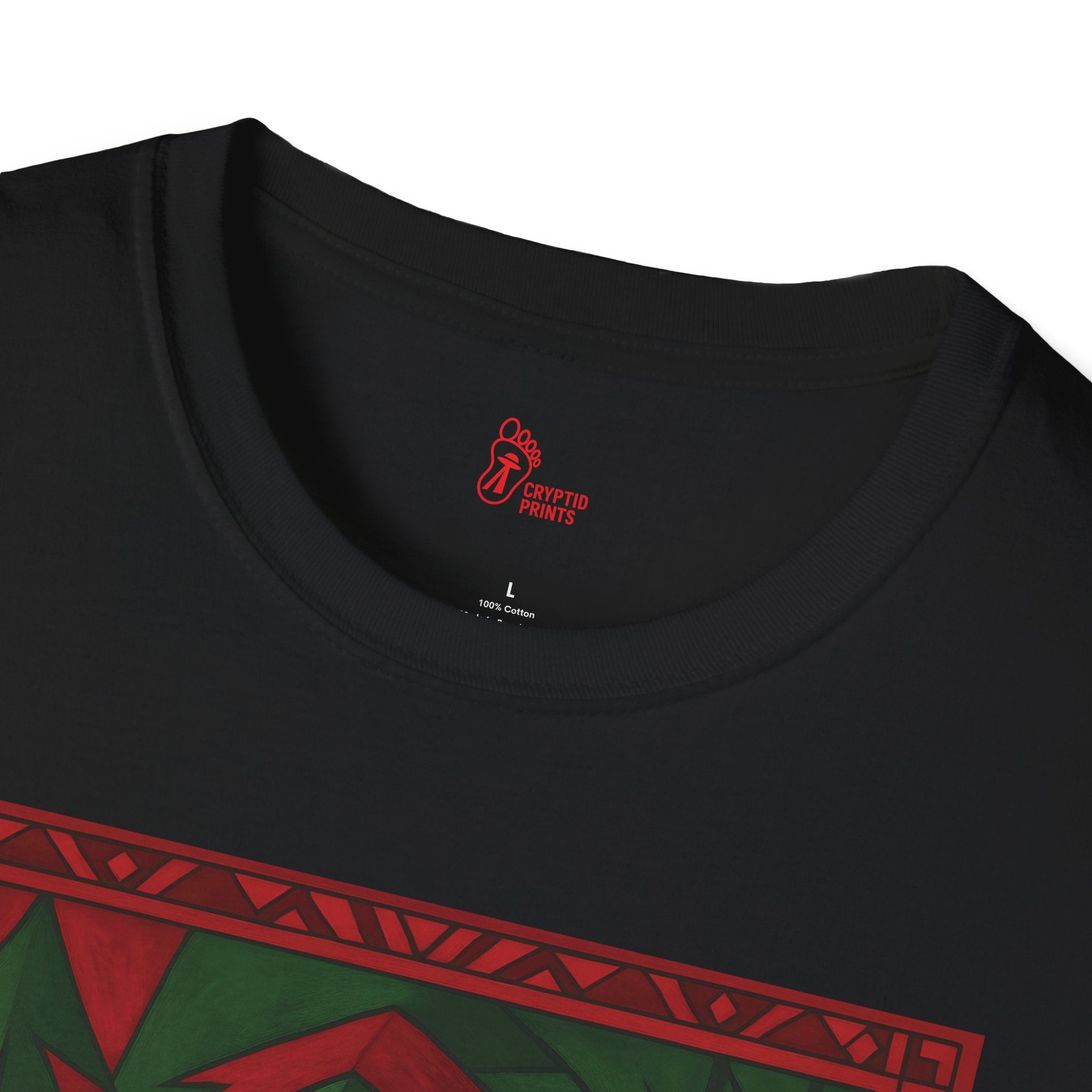 Geometric Bigfoot Holiday T-Shirt - Red & Green Forest Design