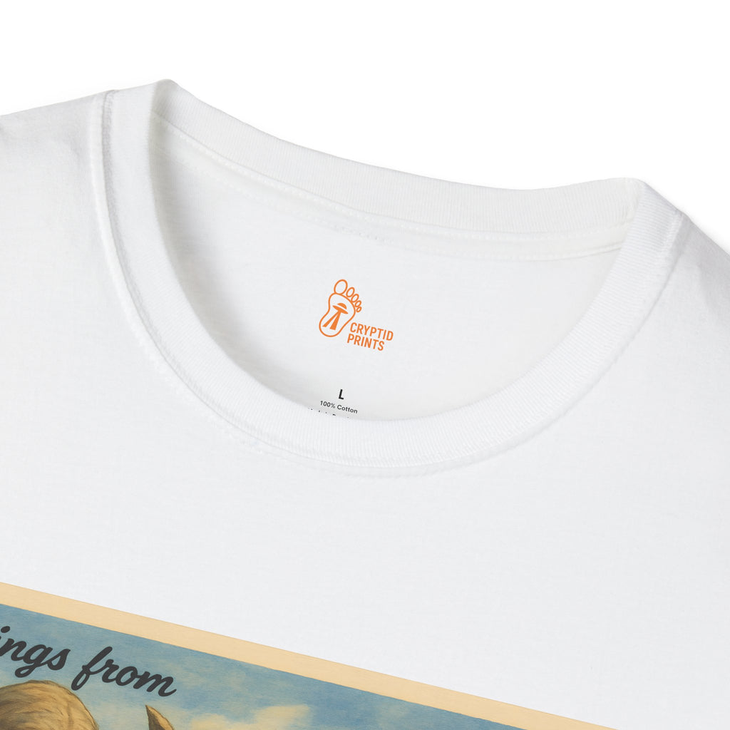 Greetings from Cryptid Mountain T-Shirt - Vintage Postcard Design