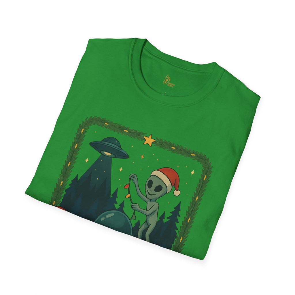 Alien Christmas Lights T-Shirt - Green UFO Holiday Design