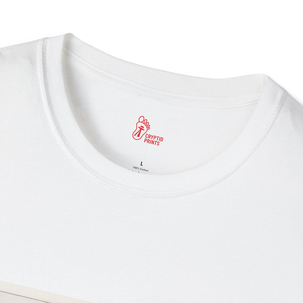 Red Bigfoot in Wilderness T-Shirt - Pencil Forest Scene Sasquatch Overlay