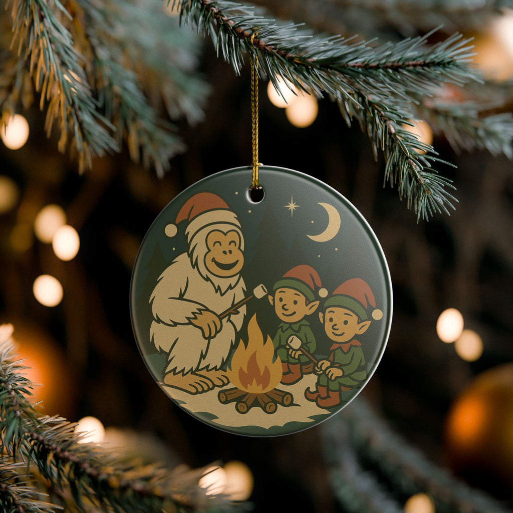 Yeti & Elves Campfire Ornament - Ceramic Holiday Decoration (1pc)