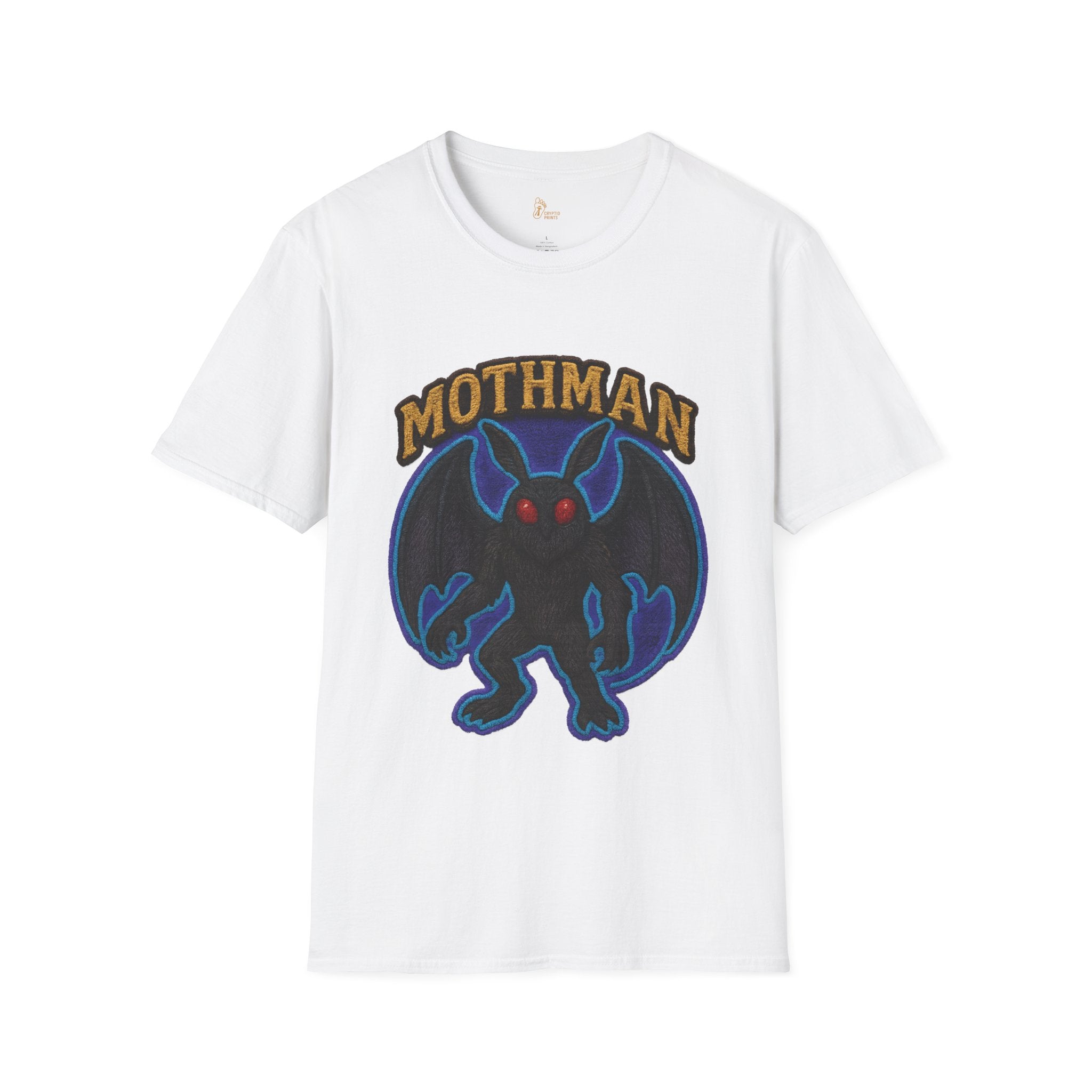 Embroidered-Style Mothman T-Shirt - Electric Blue & Purple Aura Wings