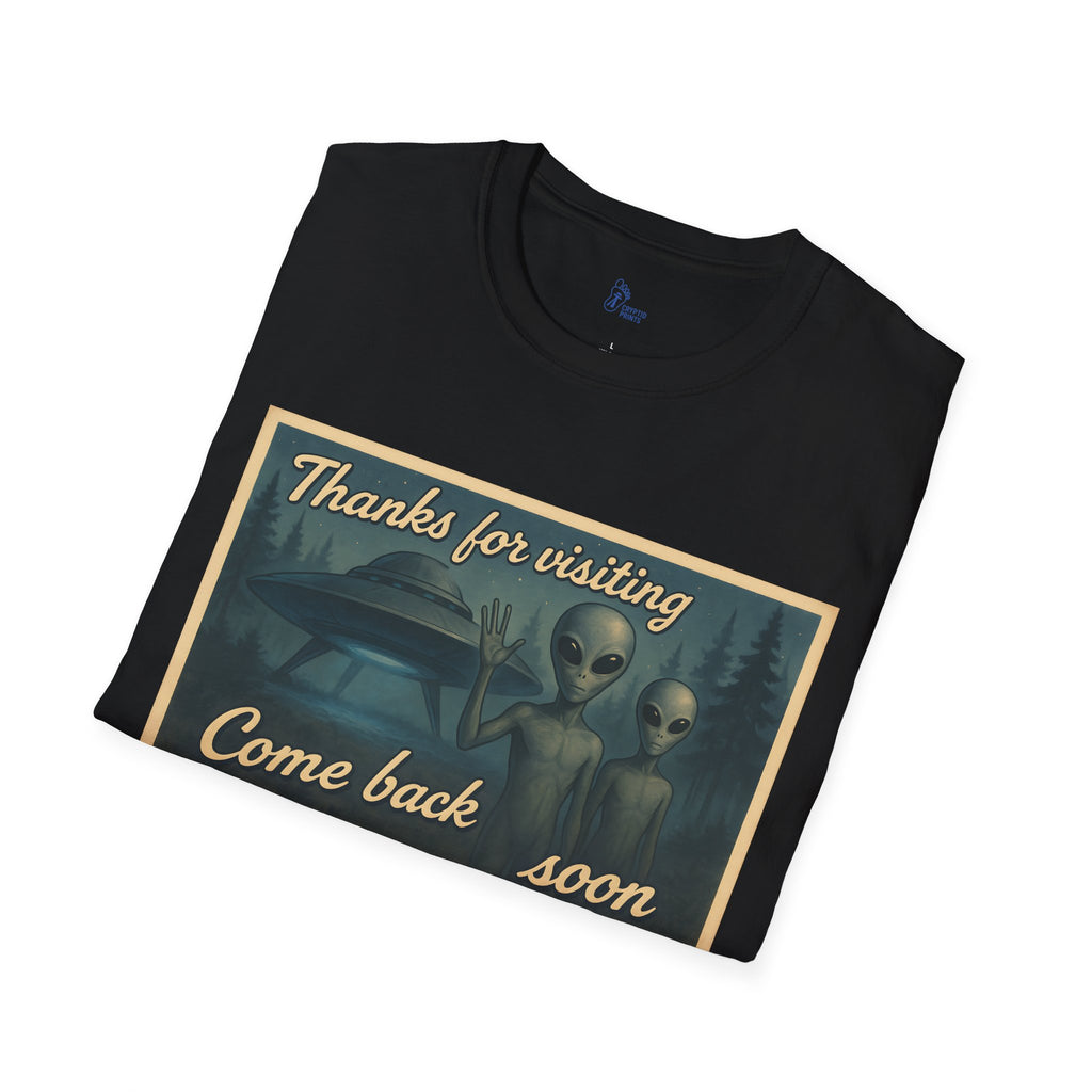 Thanks for Visiting Alien T-Shirt - Retro Postcard UFO Design