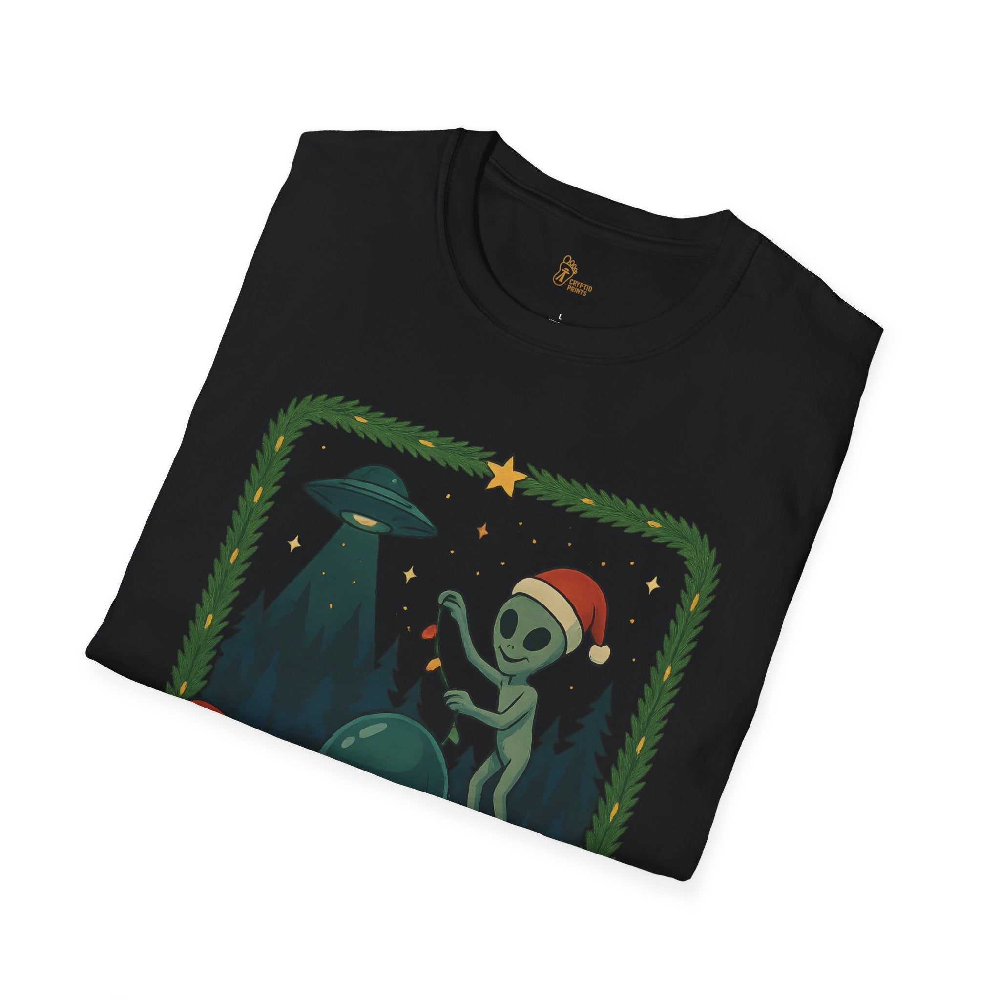 Alien Christmas Lights T-Shirt - Green UFO Holiday Design