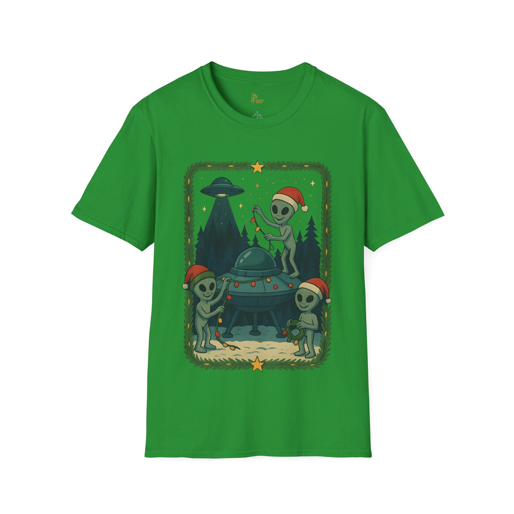 Alien Christmas Lights T-Shirt - Green UFO Holiday Design