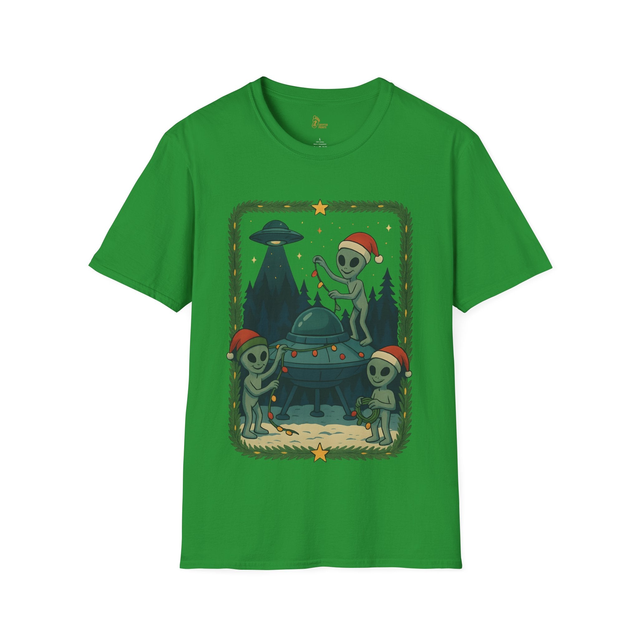 Alien Christmas Lights T-Shirt - Green UFO Holiday Design