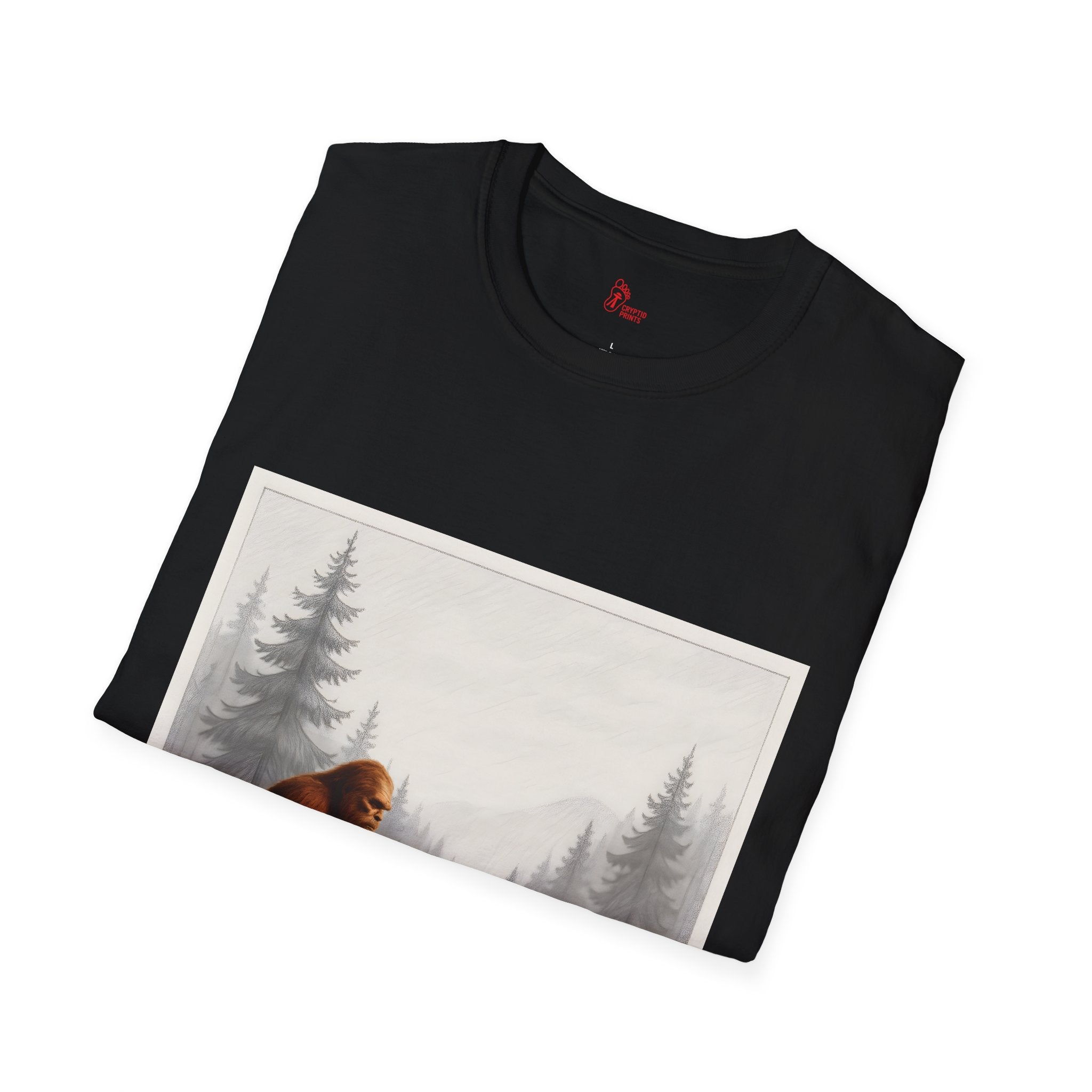 Red Bigfoot in Wilderness T-Shirt - Pencil Forest Scene Sasquatch Overlay
