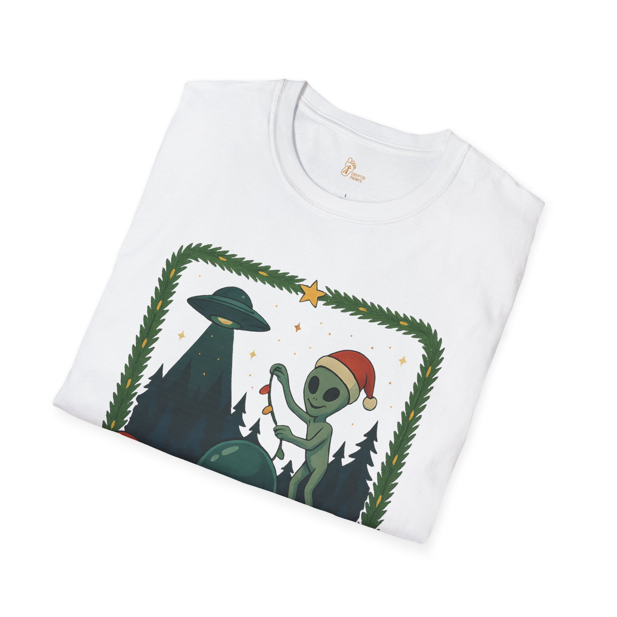 Alien Christmas Lights T-Shirt - Green UFO Holiday Design