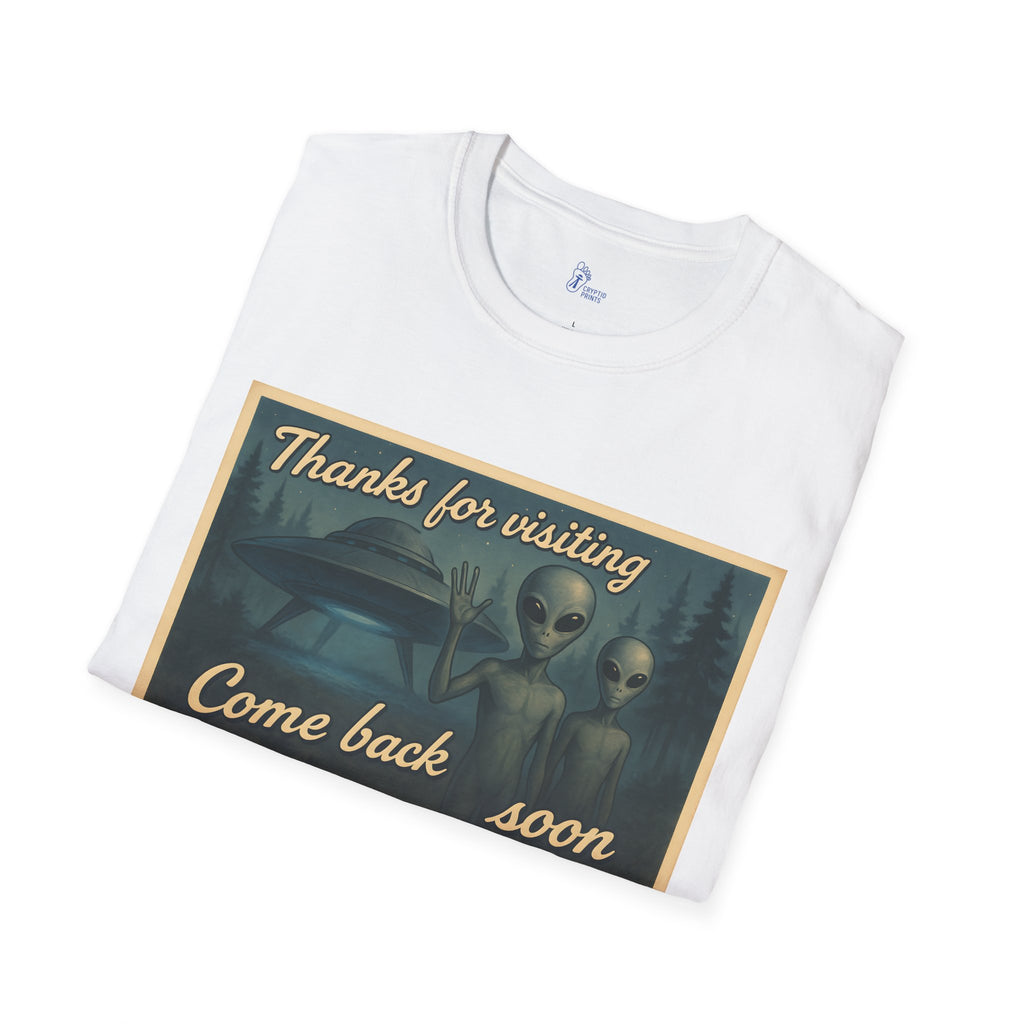Thanks for Visiting Alien T-Shirt - Retro Postcard UFO Design