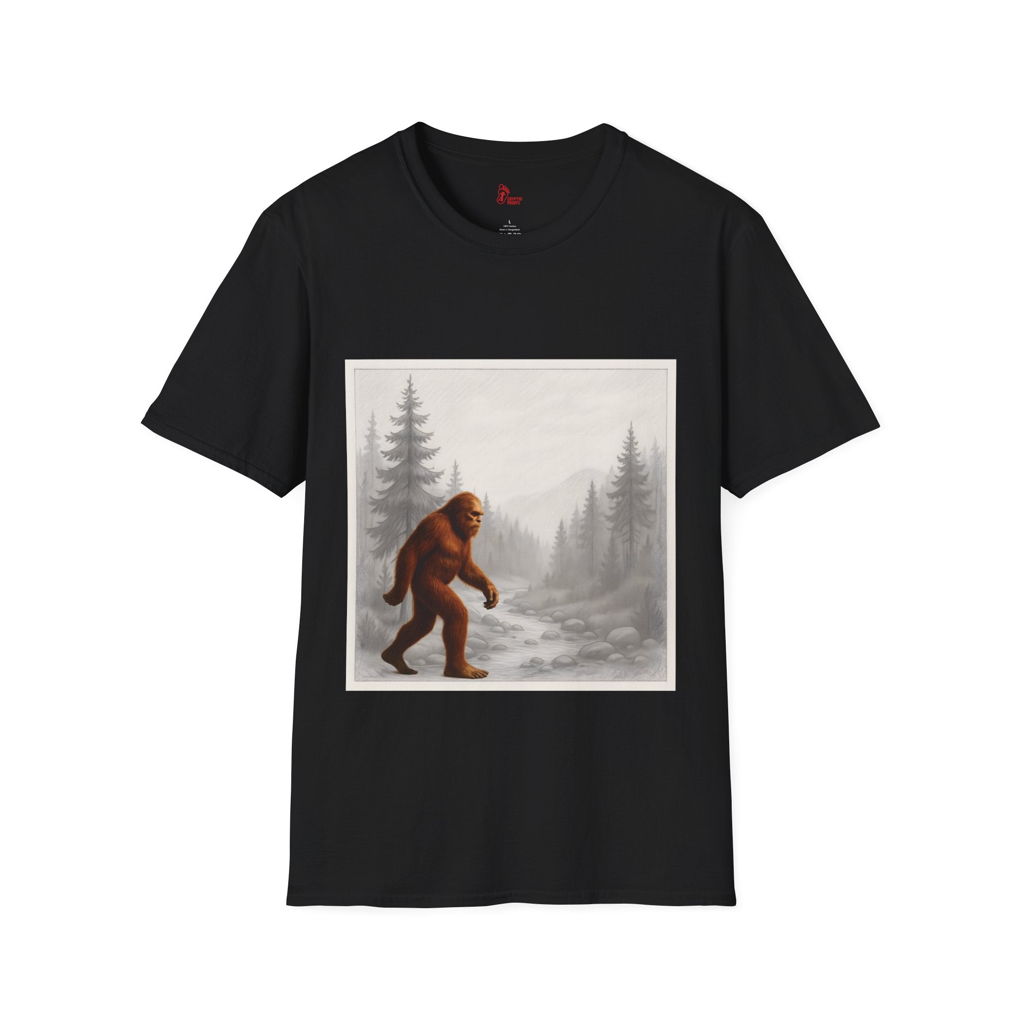 Red Bigfoot in Wilderness T-Shirt - Pencil Forest Scene Sasquatch Overlay