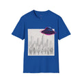 Neon UFO Over Cityscape T-Shirt - Pencil City Scene Saucer Overlay