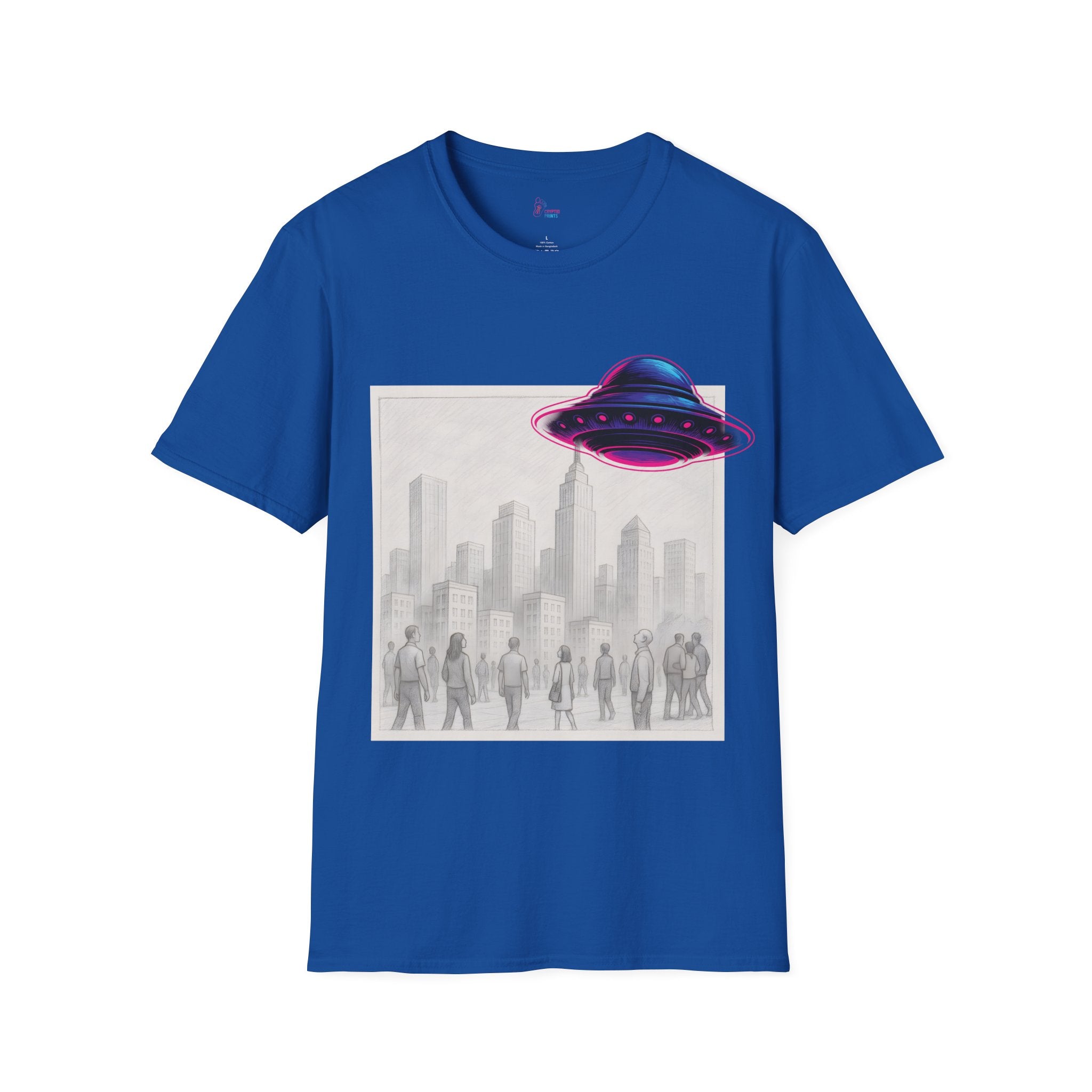 Neon UFO Over Cityscape T-Shirt - Pencil City Scene Saucer Overlay