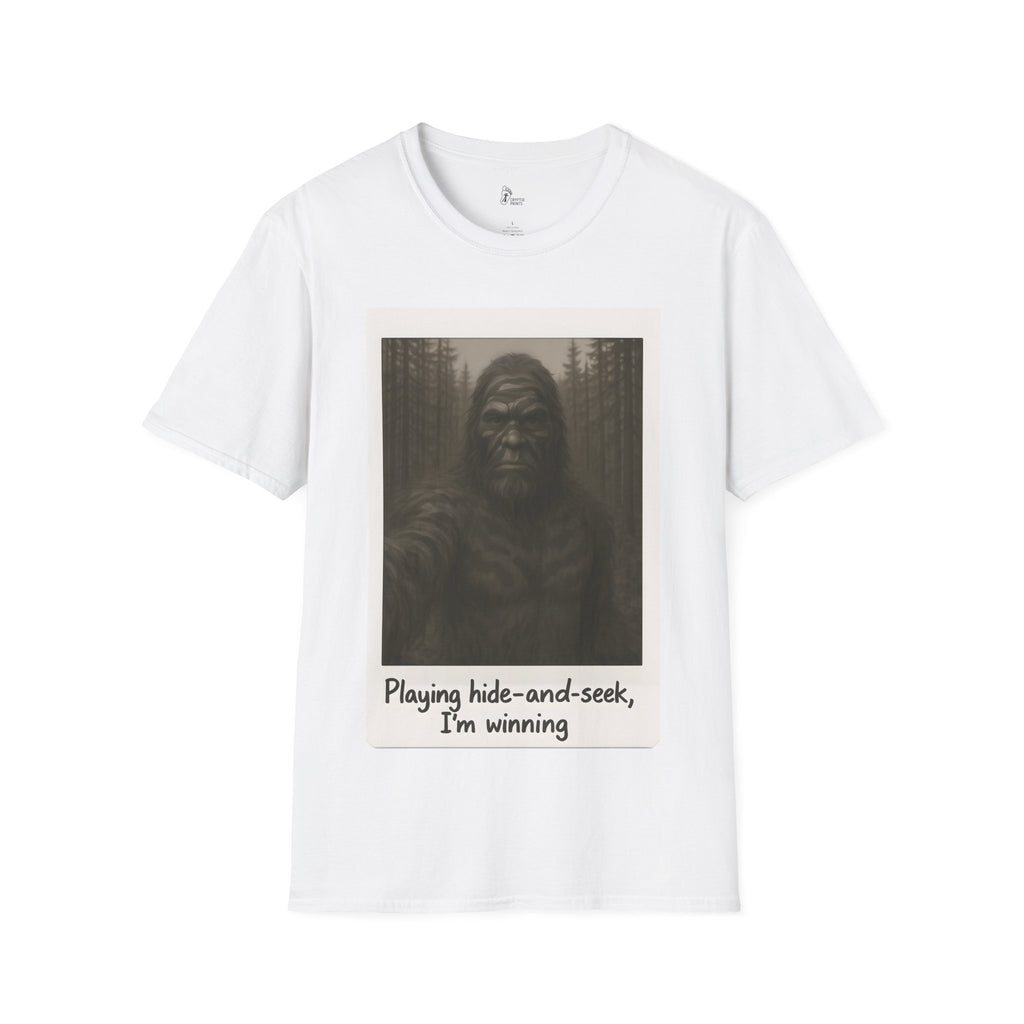 Bigfoot Hide-and-Seek T-Shirt - Retro-Style Forest Photo