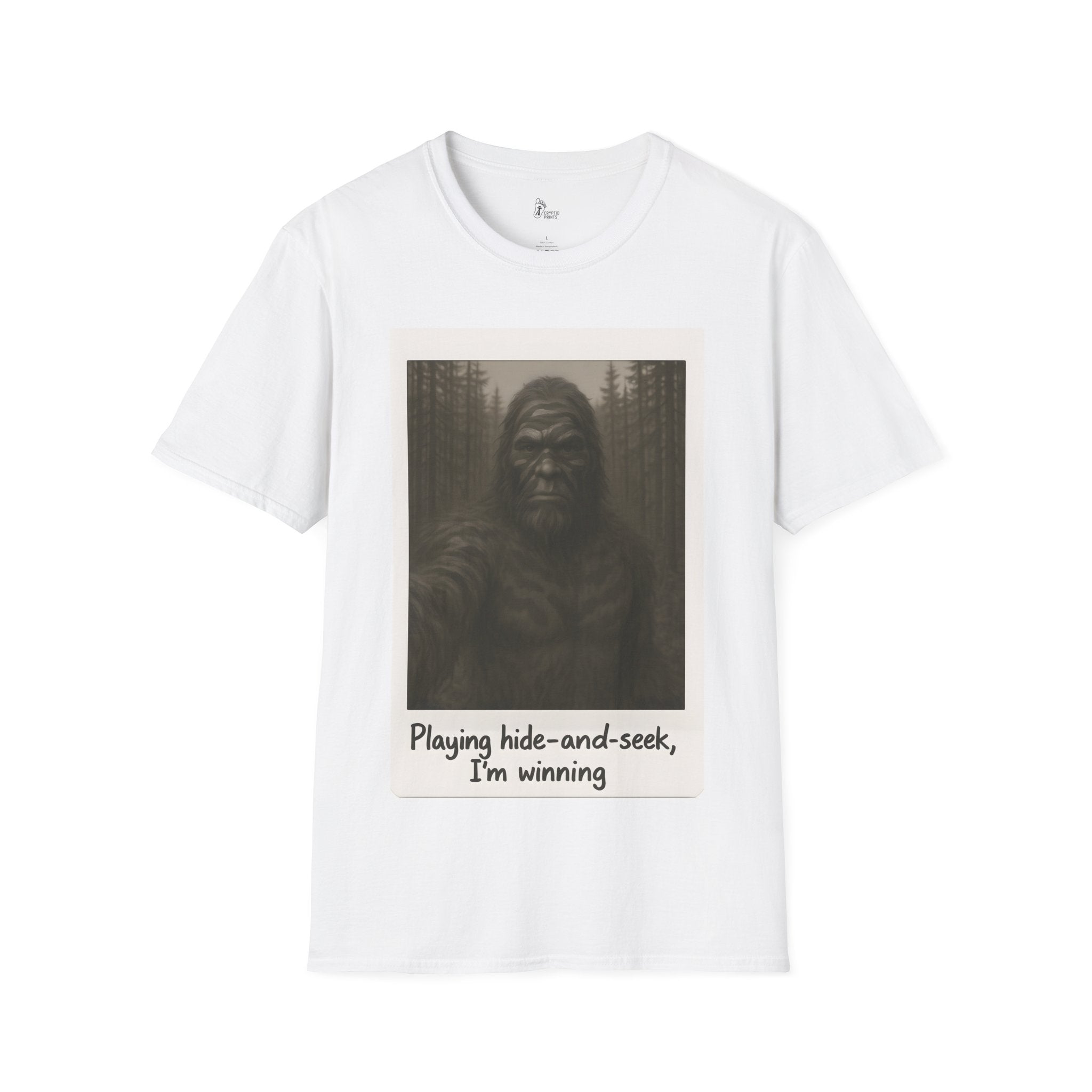 Bigfoot Hide-and-Seek T-Shirt - Retro-Style Forest Photo