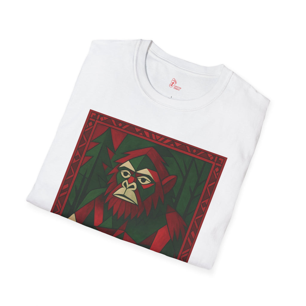 Geometric Bigfoot Holiday T-Shirt - Red & Green Forest Design