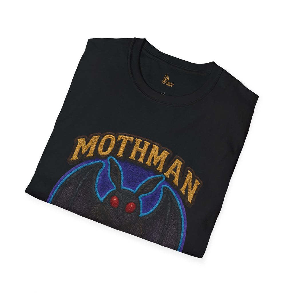 Embroidered-Style Mothman T-Shirt - Electric Blue & Purple Aura Wings