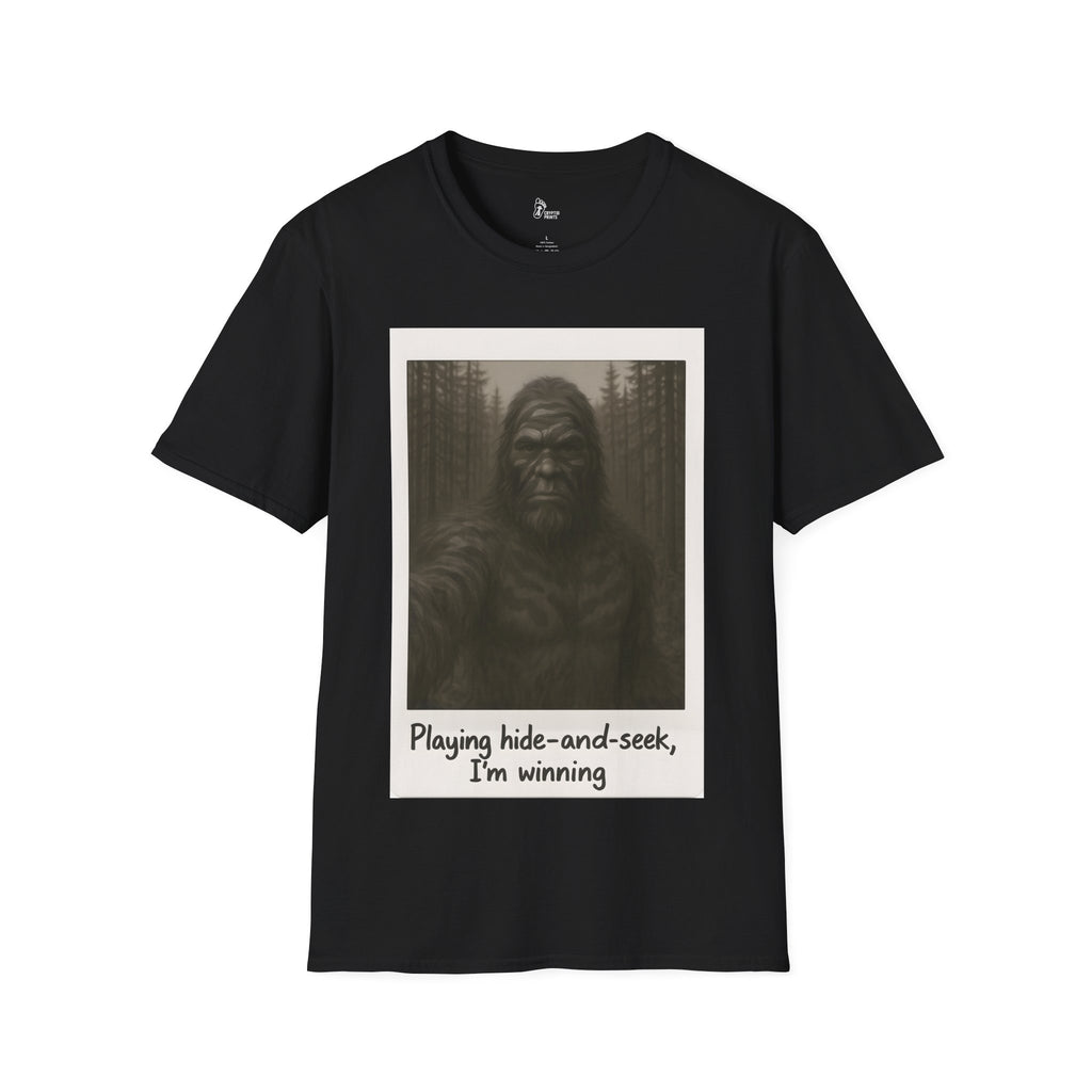 Bigfoot Hide-and-Seek T-Shirt - Retro-Style Forest Photo