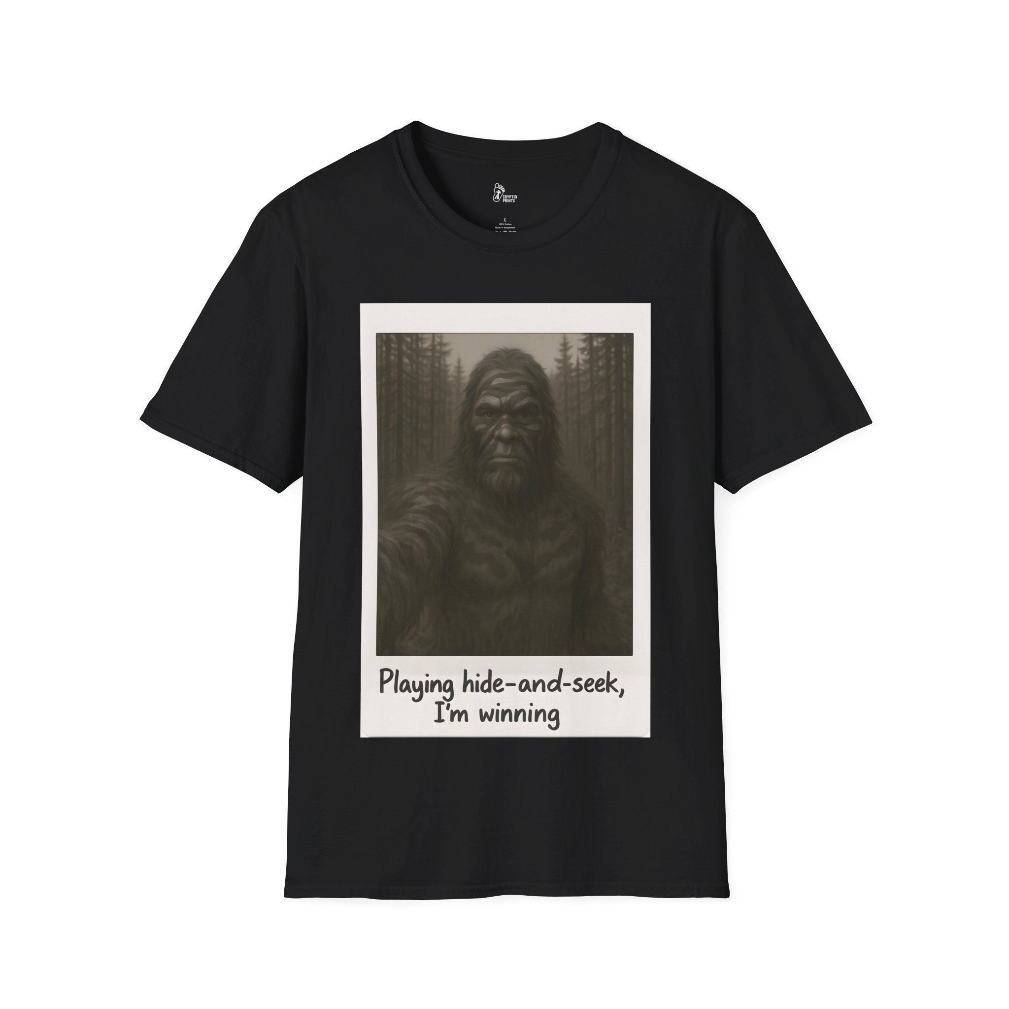 Bigfoot Hide-and-Seek T-Shirt - Retro-Style Forest Photo