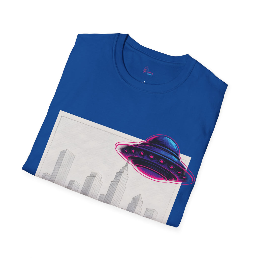 Neon UFO Over Cityscape T-Shirt - Pencil City Scene Saucer Overlay