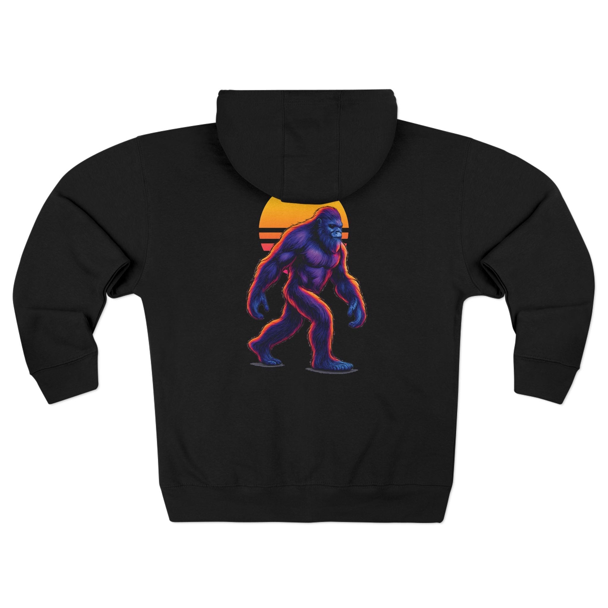 Neon Bigfoot Sunset Zip Hoodie with UFO Chest Design