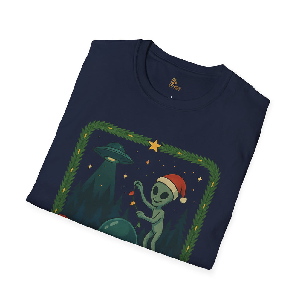 Alien Christmas Lights T-Shirt - Green UFO Holiday Design