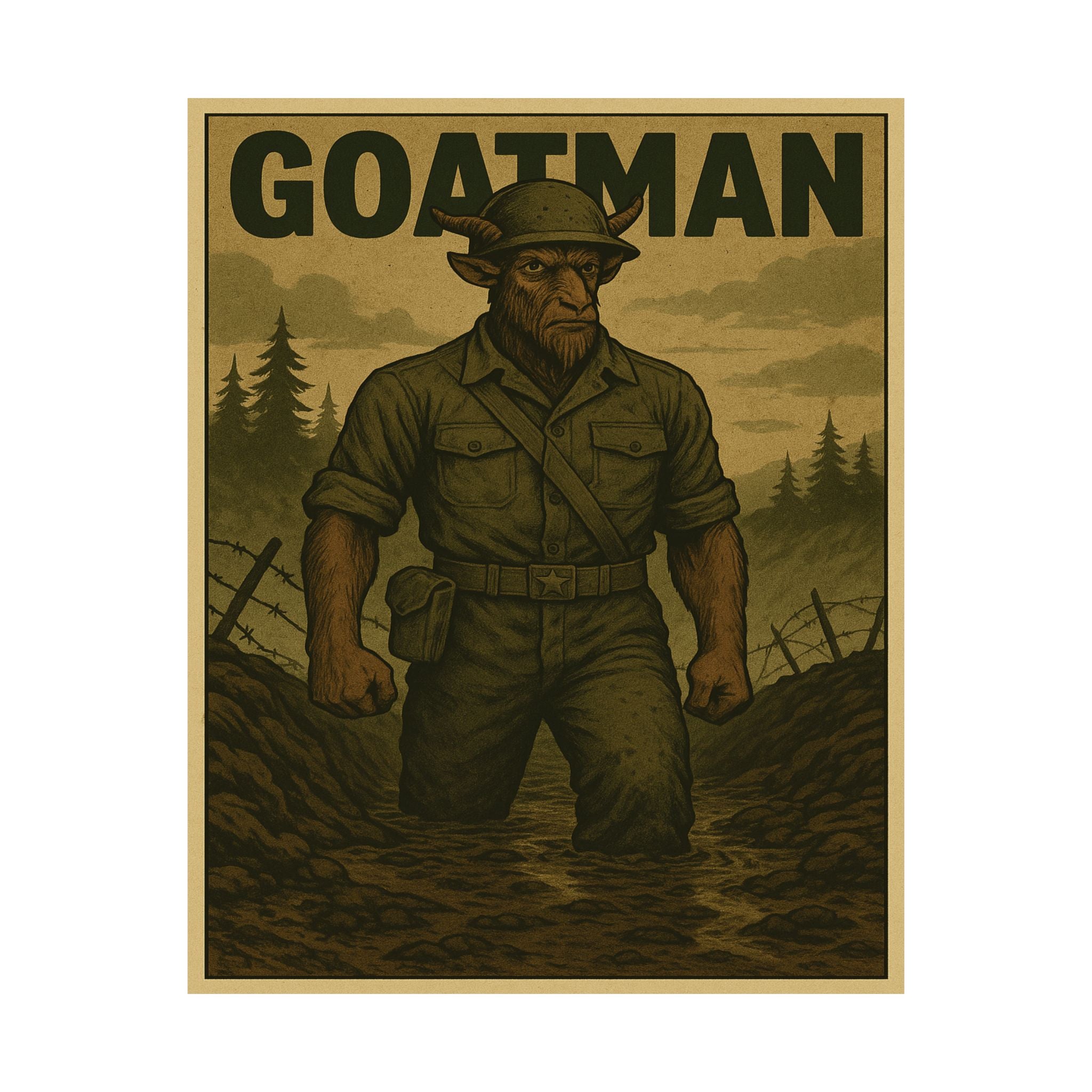 Goatman Soldier Poster - Cryptid Warrior in Battle Trenches