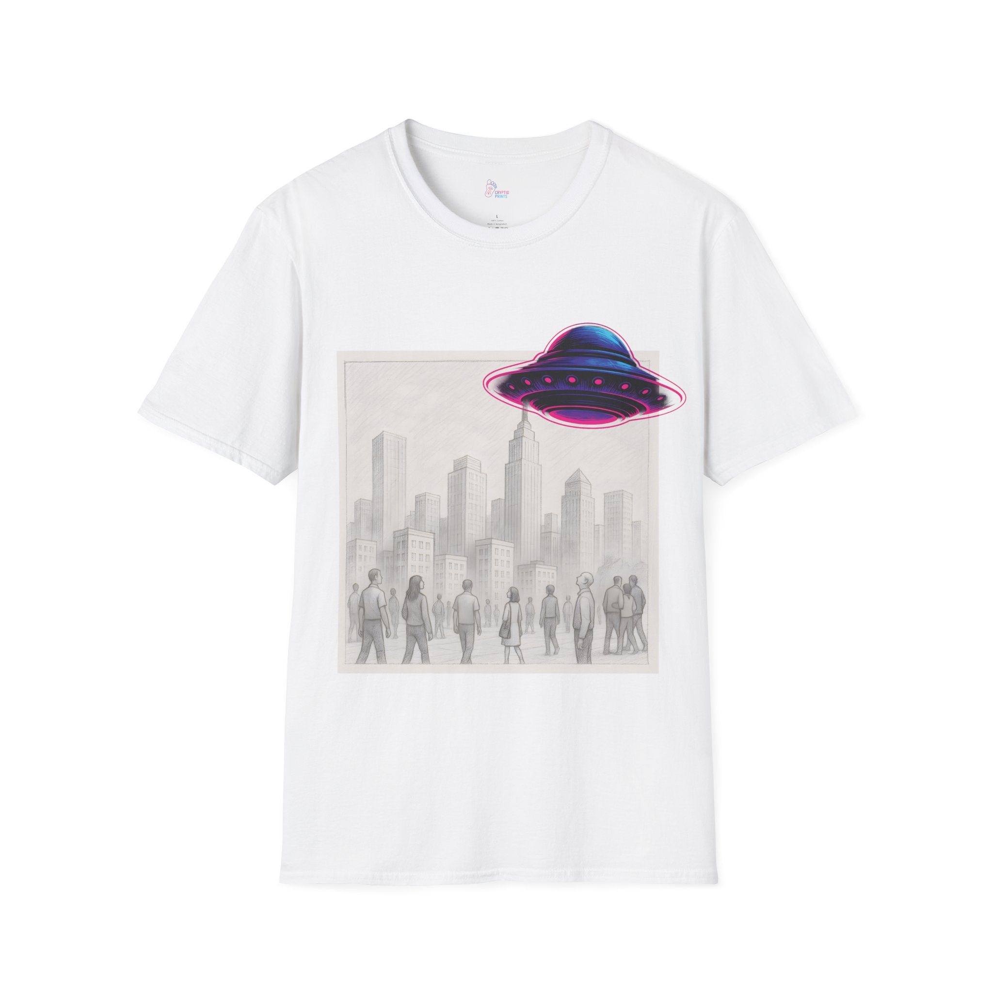 Neon UFO Over Cityscape T-Shirt - Pencil City Scene Saucer Overlay
