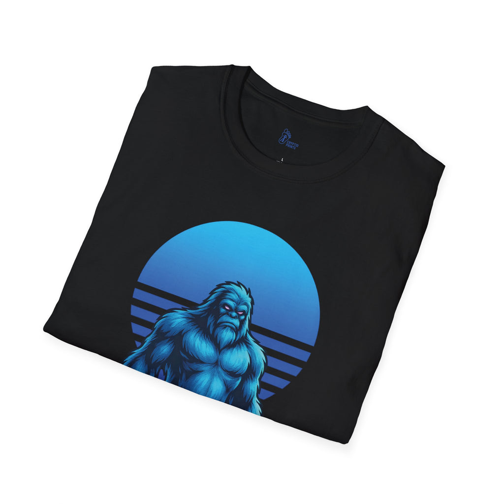 Neon Arctic Yeti T-Shirt - Frozen Cryptid Under Blue Sunset