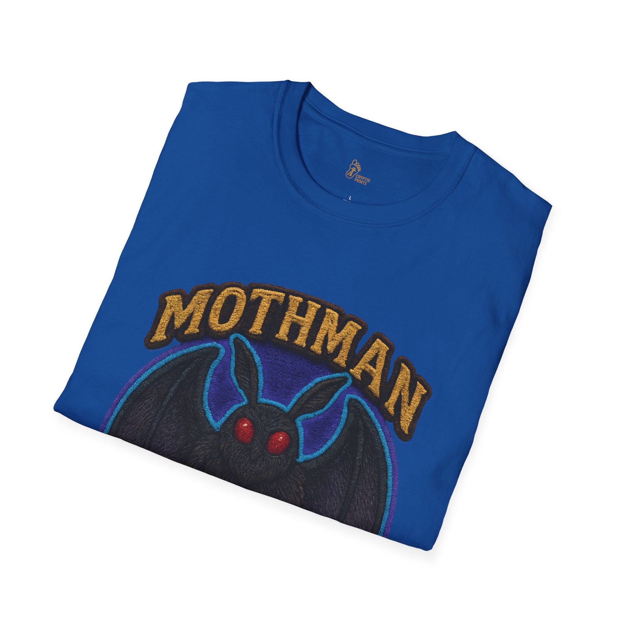 Embroidered-Style Mothman T-Shirt - Electric Blue & Purple Aura Wings
