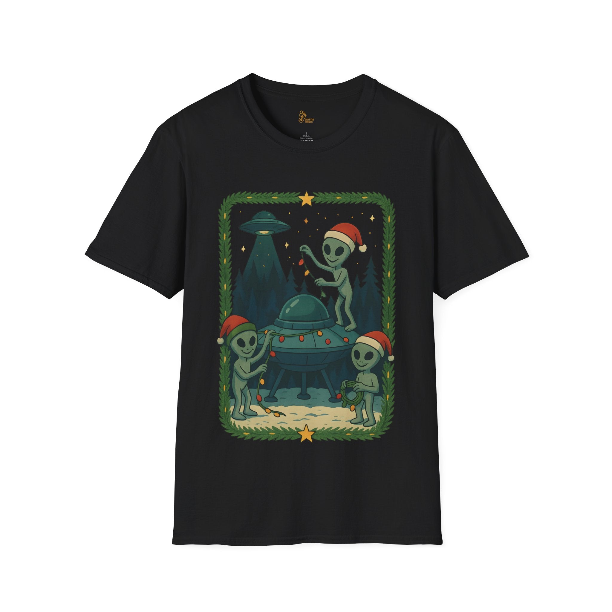 Alien Christmas Lights T-Shirt - Green UFO Holiday Design