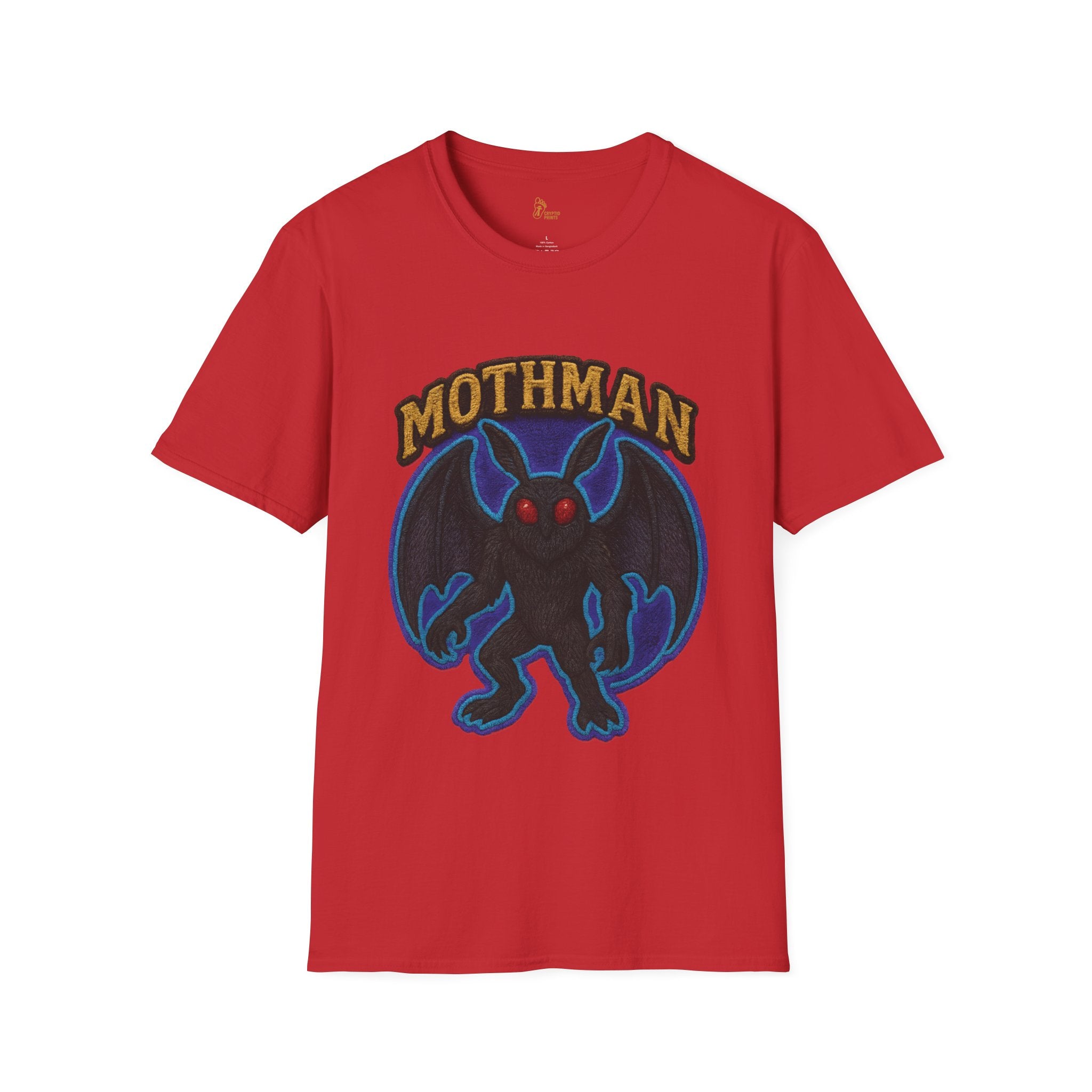 Embroidered-Style Mothman T-Shirt - Electric Blue & Purple Aura Wings