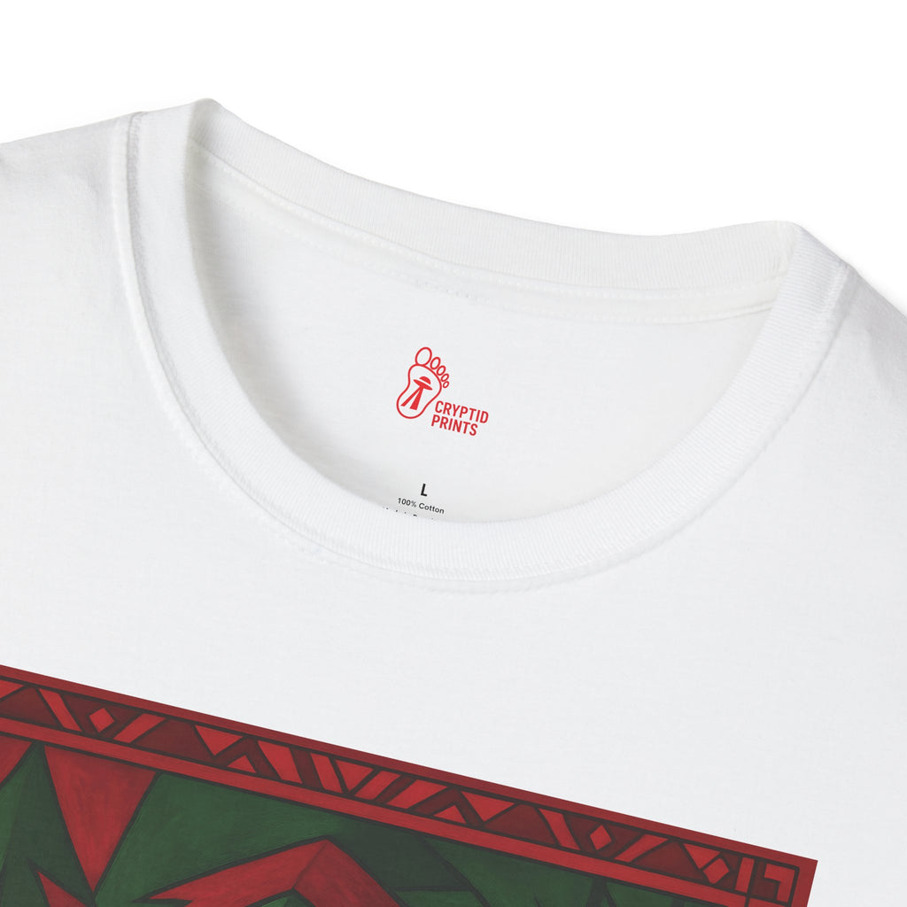 Geometric Bigfoot Holiday T-Shirt - Red & Green Forest Design