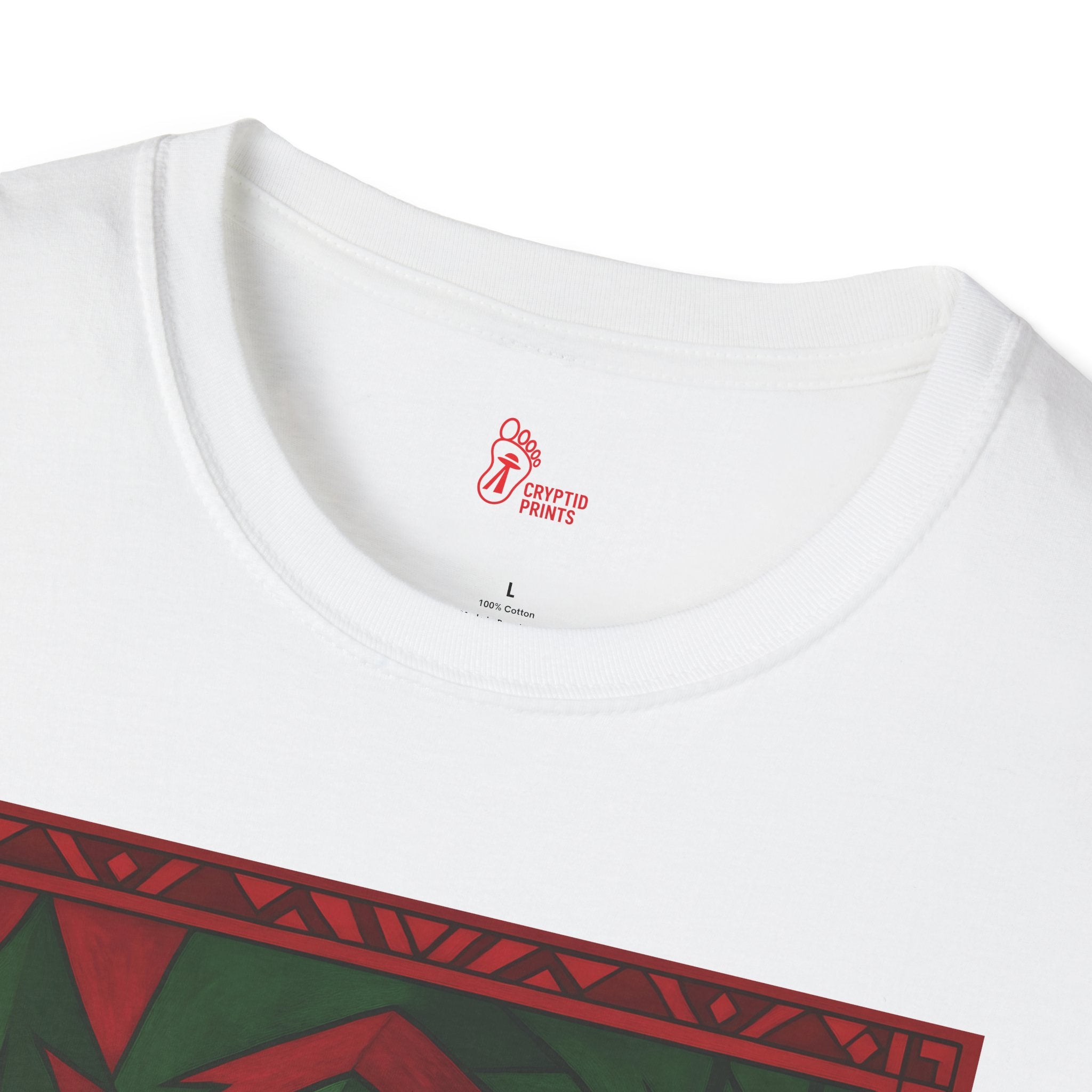 Geometric Bigfoot Holiday T-Shirt - Red & Green Forest Design