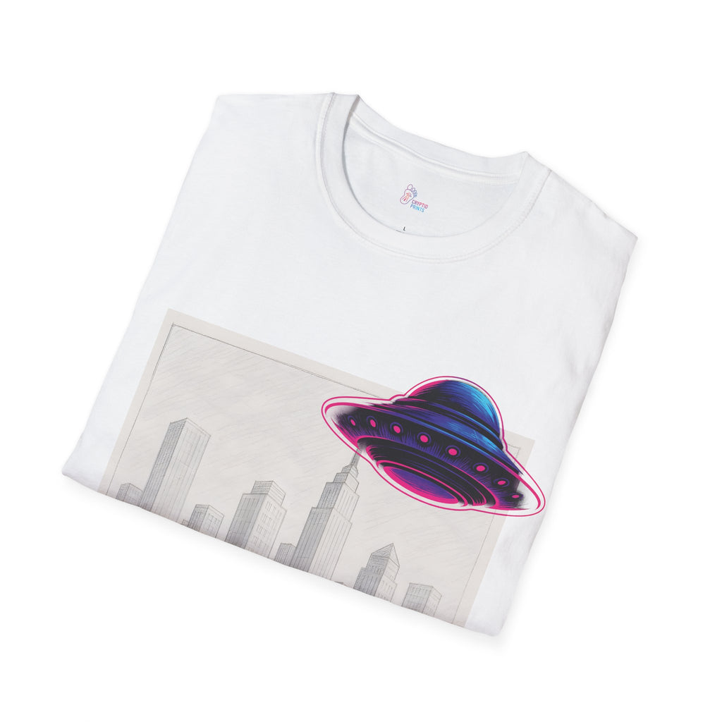 Neon UFO Over Cityscape T-Shirt - Pencil City Scene Saucer Overlay