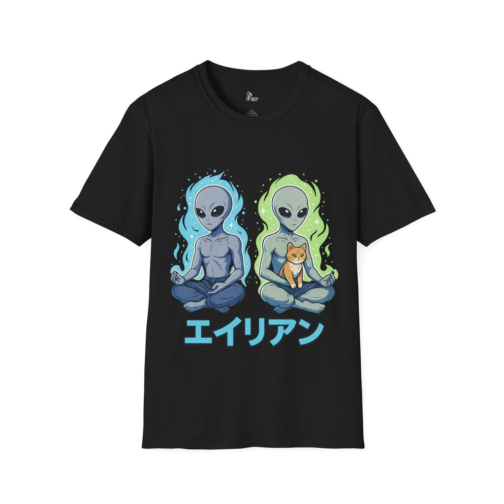 Aliens & Cat T-Shirt - Anime-Style Cosmic Harmony