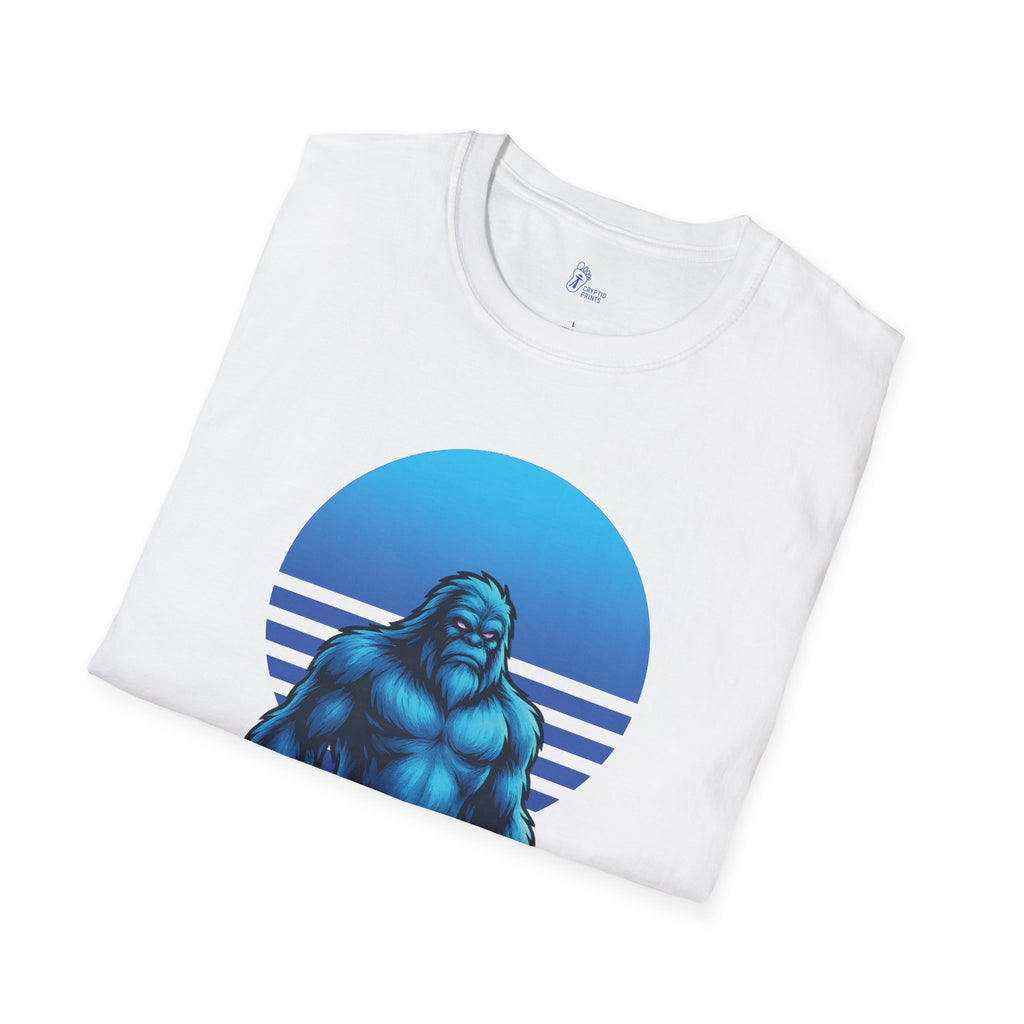 Neon Arctic Yeti T-Shirt - Frozen Cryptid Under Blue Sunset