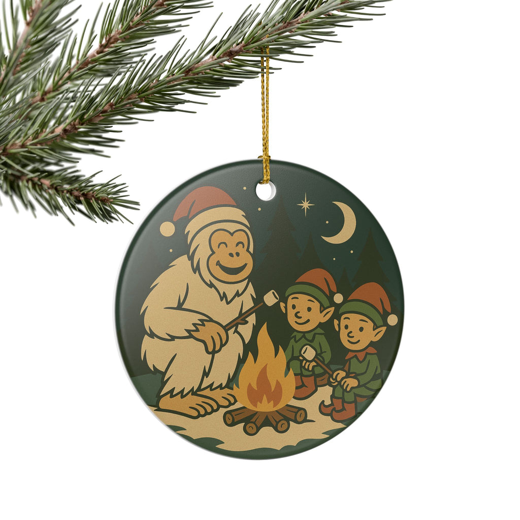 Yeti & Elves Campfire Ornament - Ceramic Holiday Decoration (1pc)