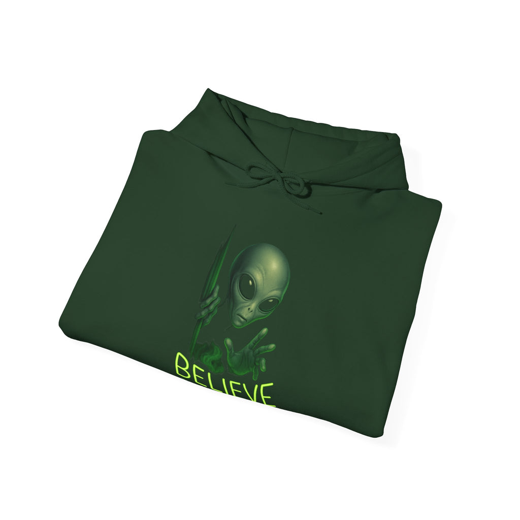 Alien "BELIEVE" Hoodie - Neon Green Extraterrestrial Design