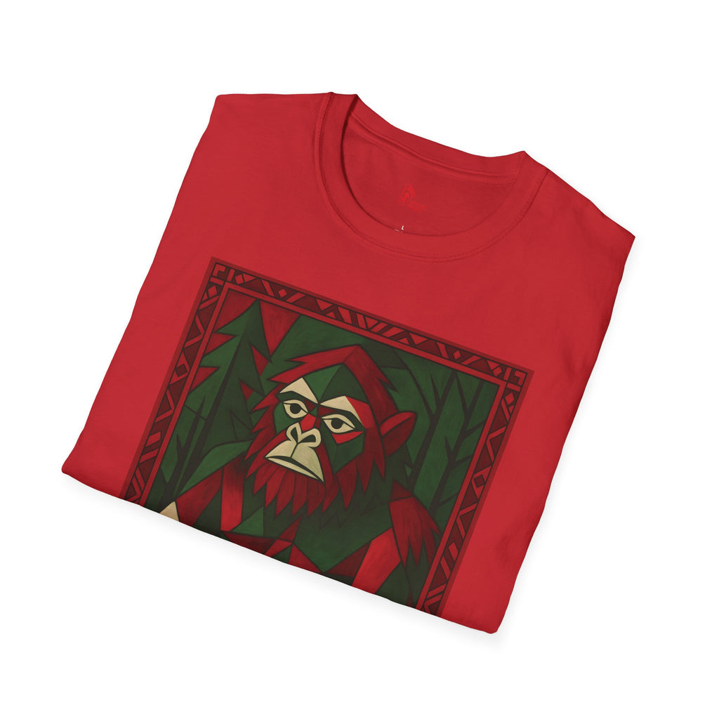 Geometric Bigfoot Holiday T-Shirt - Red & Green Forest Design
