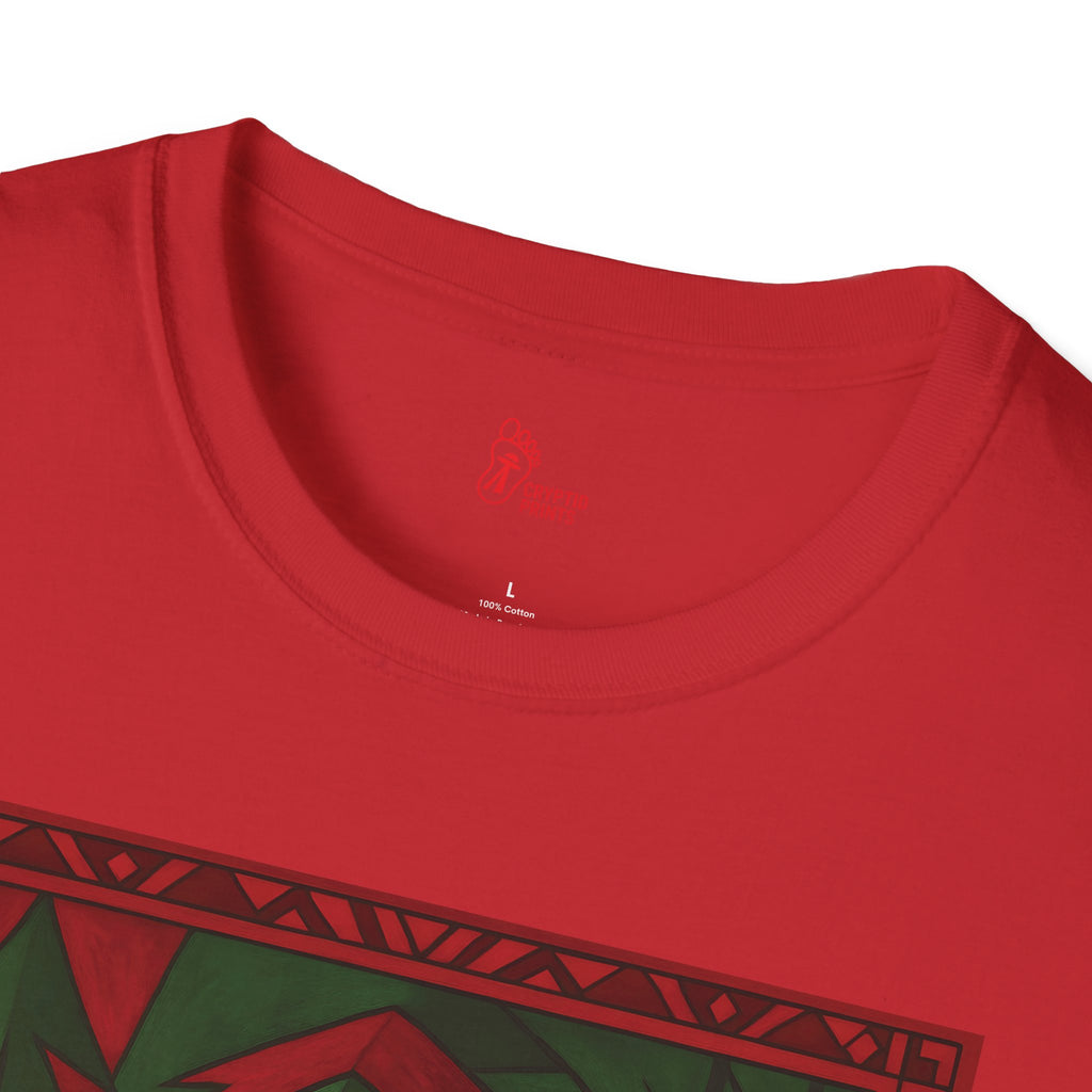 Geometric Bigfoot Holiday T-Shirt - Red & Green Forest Design