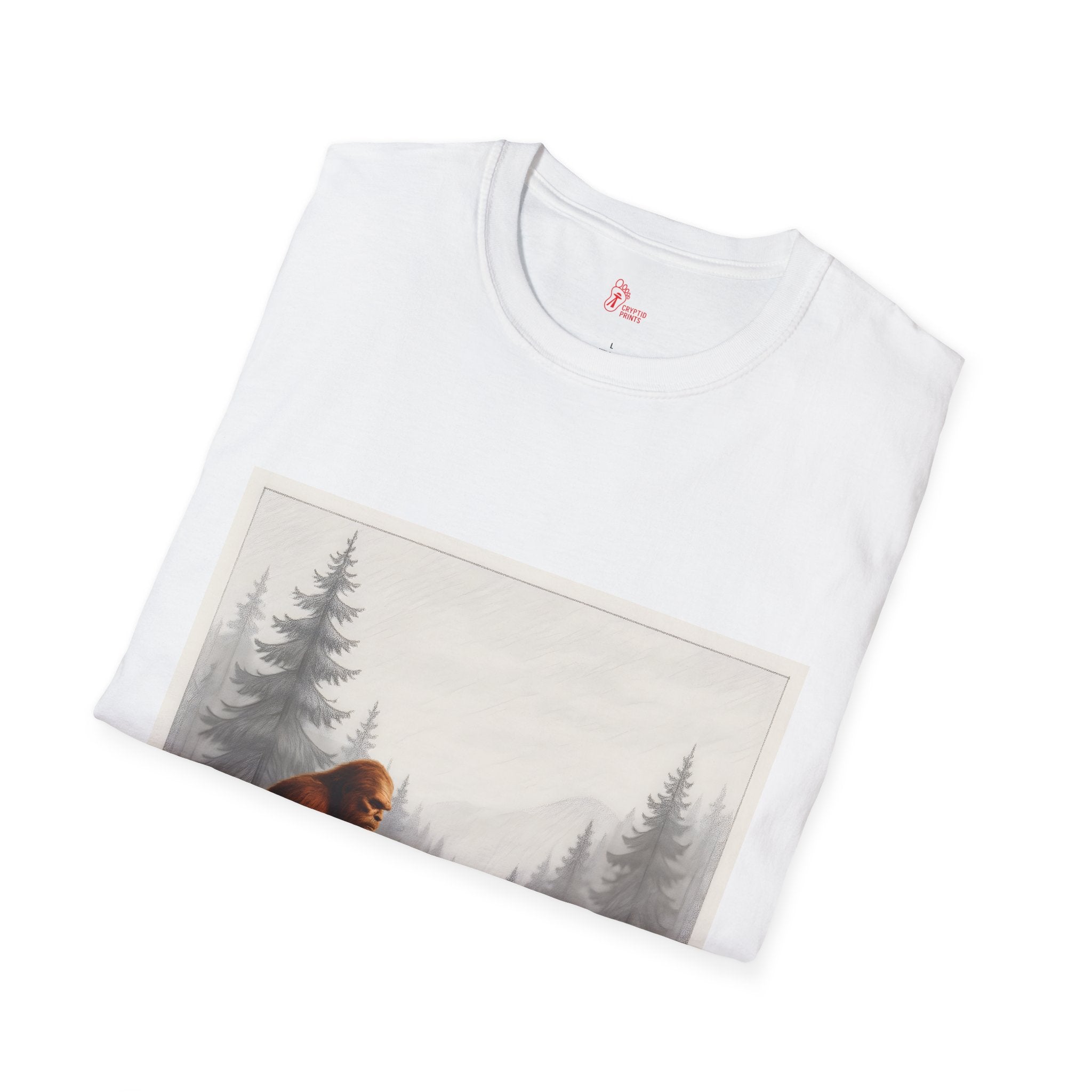 Red Bigfoot in Wilderness T-Shirt - Pencil Forest Scene Sasquatch Overlay