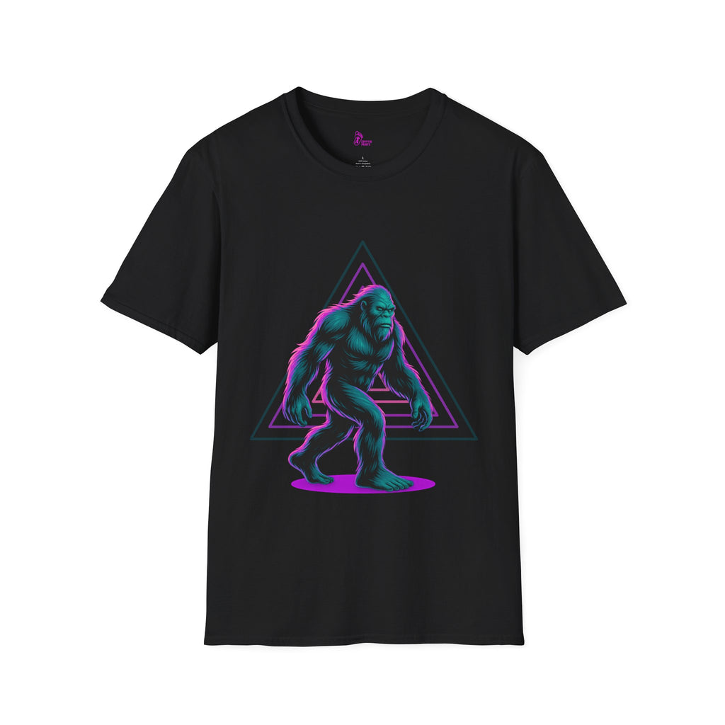 Neon Bigfoot Triangle T-Shirt - Synthwave Cryptid Graphic Tee