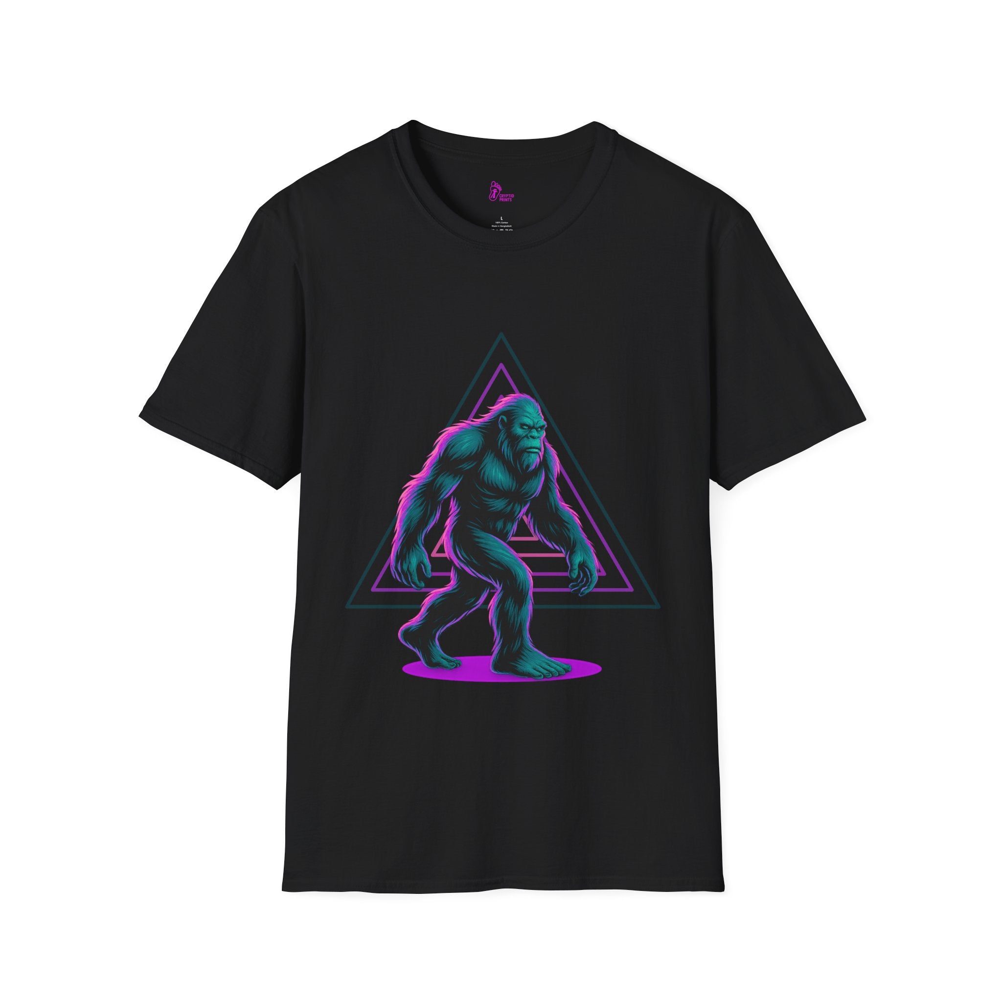Neon Bigfoot Triangle T-Shirt - Synthwave Cryptid Graphic Tee