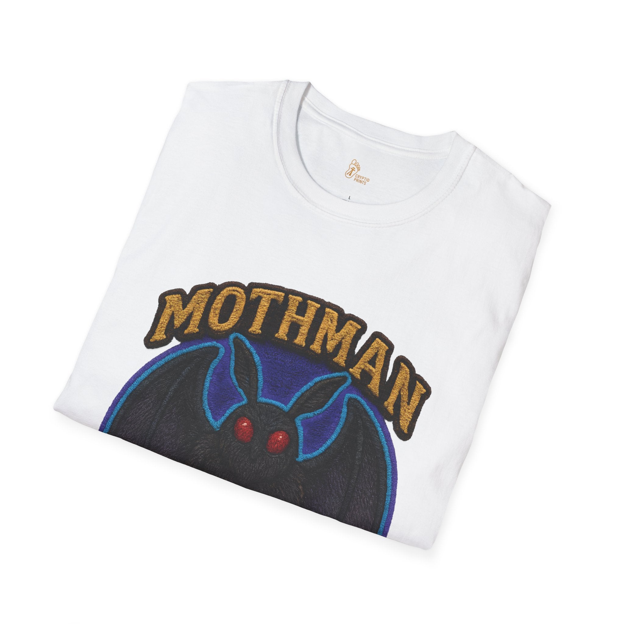 Embroidered-Style Mothman T-Shirt - Electric Blue & Purple Aura Wings